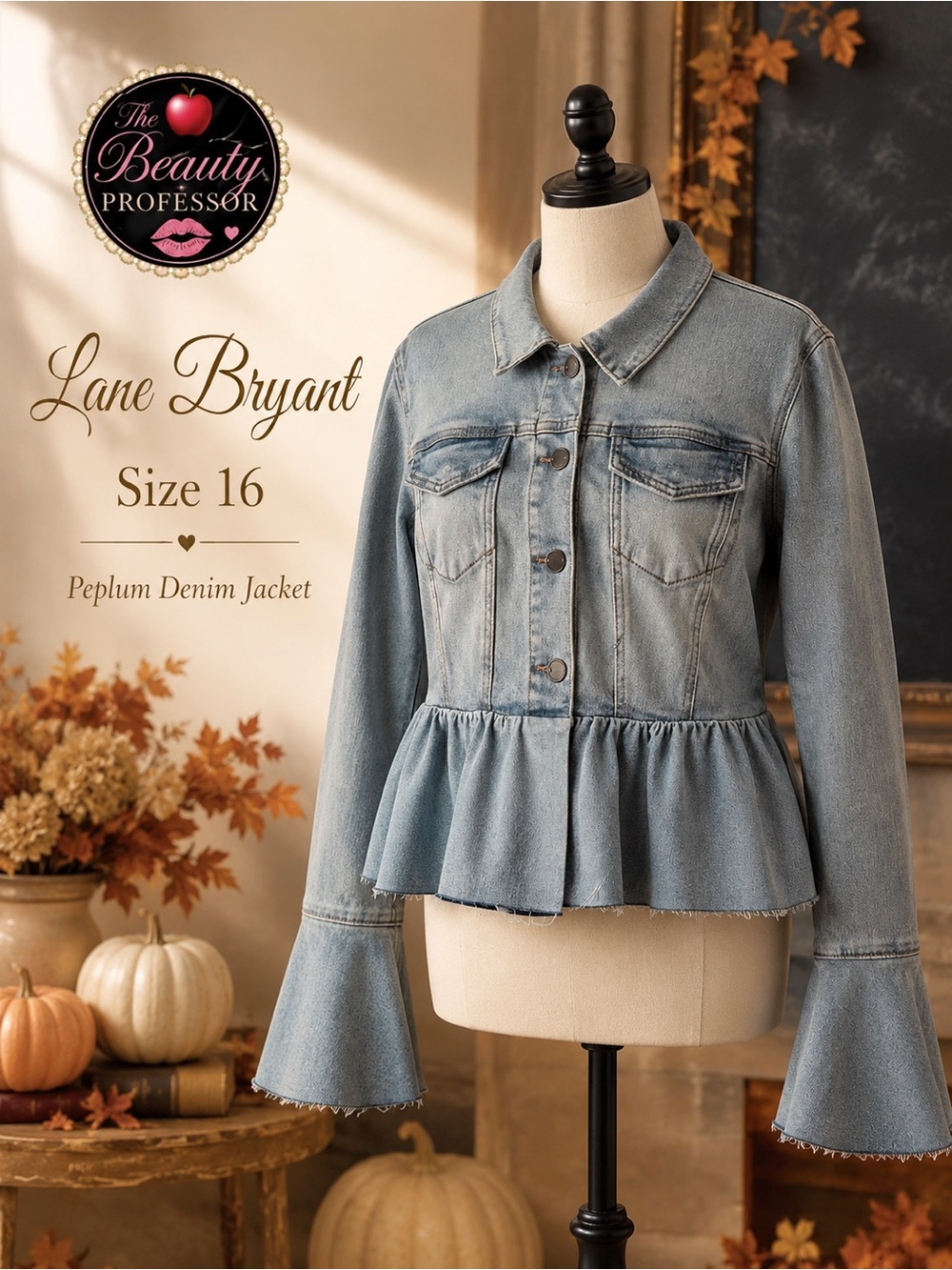 💕 Lane Bryant 16 Light Wash Denim Peplum Jacket Bell Sleeve Raw Hem
